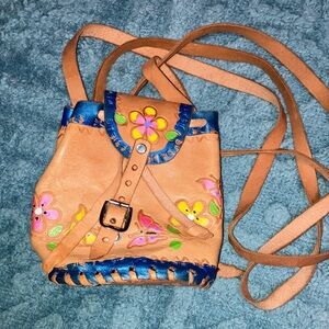 Handcrafted Tan Leather Crossbody with Blue Trim and Floral Embroidery 5”